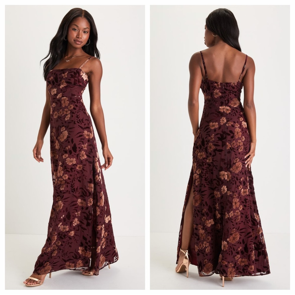 Lulu's Effortless Celebration Burgundy Floral Burnout A-Line
Maxi Dress